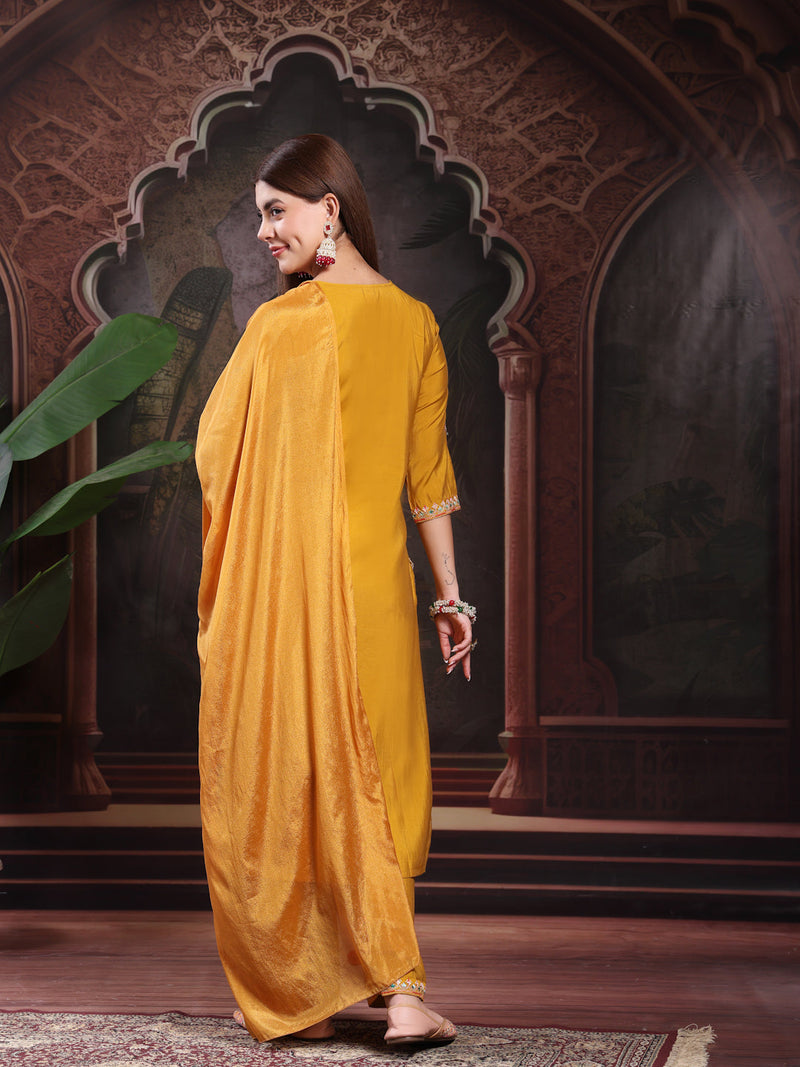 Women Mustard Color Embroidery Kurta With Palazzo & Dupatta Set