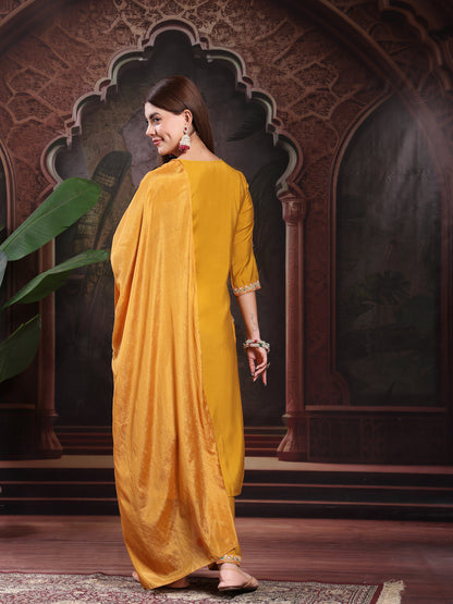 Women Mustard Color Embroidery Kurta With Palazzo & Dupatta Set