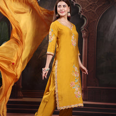 Women Mustard Color Embroidery Kurta With Palazzo & Dupatta Set