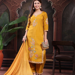 Women Mustard Color Embroidery Kurta With Palazzo & Dupatta Set