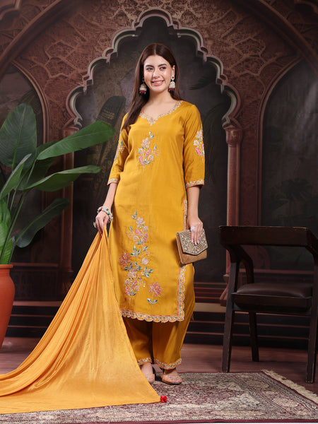 Women Mustard Color Embroidery Kurta With Palazzo & Dupatta Set