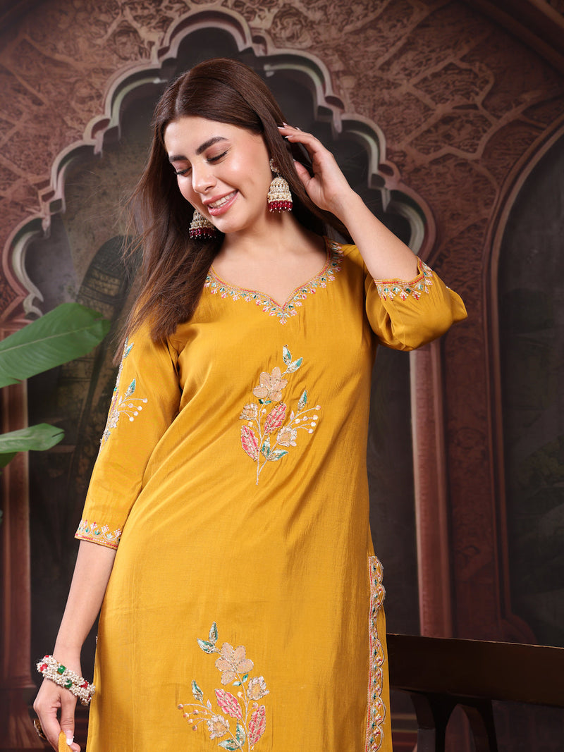Women Mustard Color Embroidery Kurta With Palazzo & Dupatta Set