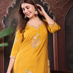 Women Mustard Color Embroidery Kurta With Palazzo & Dupatta Set