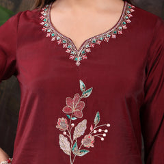 Women Maroon Color Embroidery Kurta With Palazzo & Dupatta Set