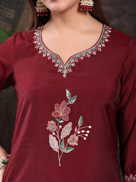 Women Maroon Color Embroidery Kurta With Palazzo & Dupatta Set