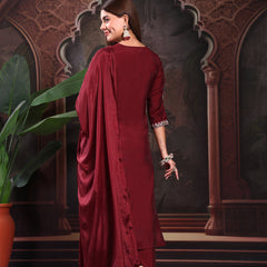 Women Maroon Color Embroidery Kurta With Palazzo & Dupatta Set