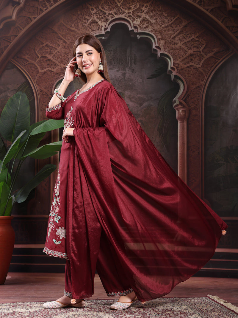 Women Maroon Color Embroidery Kurta With Palazzo & Dupatta Set