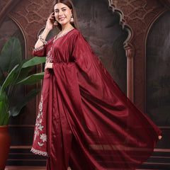 Women Maroon Color Embroidery Kurta With Palazzo & Dupatta Set