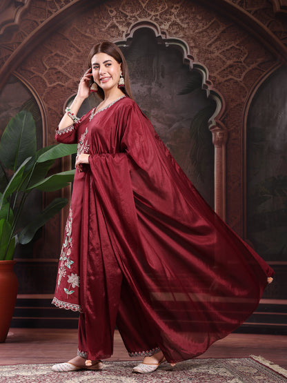 Women Maroon Color Embroidery Kurta With Palazzo & Dupatta Set