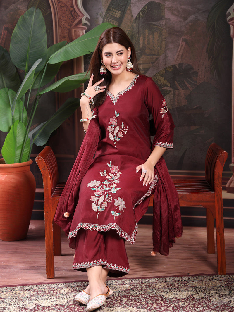 Women Maroon Color Embroidery Kurta With Palazzo & Dupatta Set