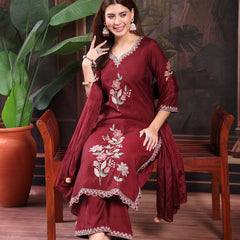 Women Maroon Color Embroidery Kurta With Palazzo & Dupatta Set