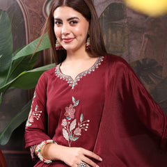 Women Maroon Color Embroidery Kurta With Palazzo & Dupatta Set