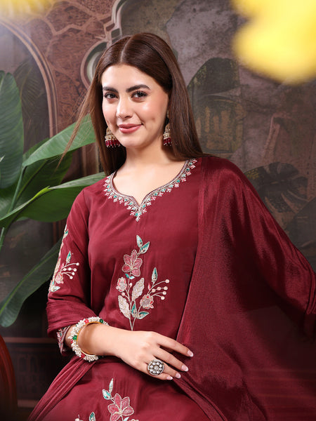 Women Maroon Color Embroidery Kurta With Palazzo & Dupatta Set