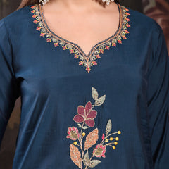Women Teal Blue Color Embroidery Kurta With Palazzo & Dupatta Set