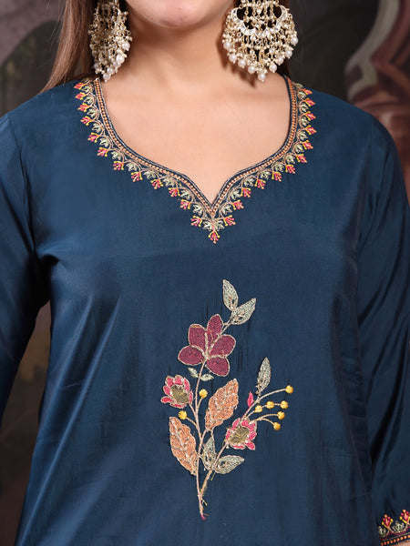 Women Teal Blue Color Embroidery Kurta With Palazzo & Dupatta Set