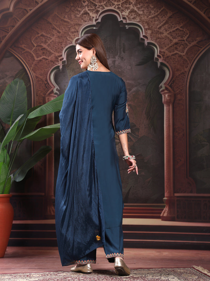 Women Teal Blue Color Embroidery Kurta With Palazzo & Dupatta Set