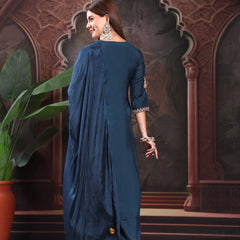 Women Teal Blue Color Embroidery Kurta With Palazzo & Dupatta Set