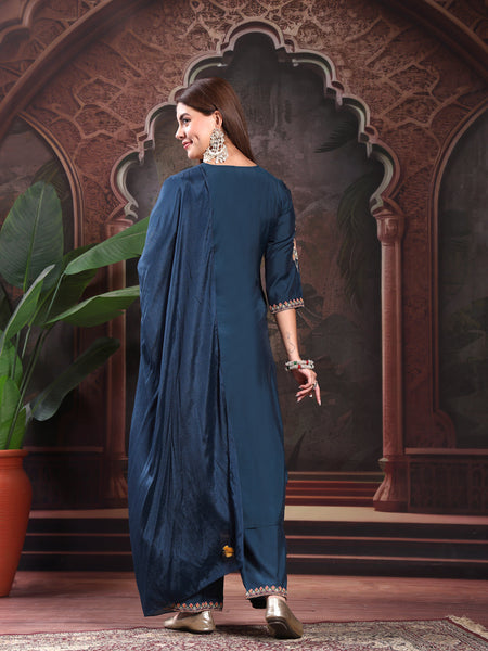 Women Teal Blue Color Embroidery Kurta With Palazzo & Dupatta Set