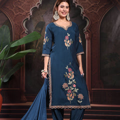 Women Teal Blue Color Embroidery Kurta With Palazzo & Dupatta Set