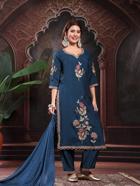 Women Teal Blue Color Embroidery Kurta With Palazzo & Dupatta Set