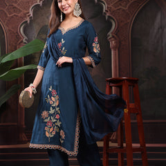 Women Teal Blue Color Embroidery Kurta With Palazzo & Dupatta Set