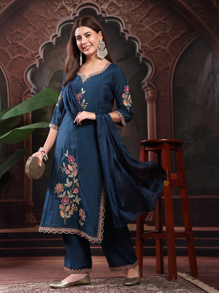 Women Teal Blue Color Embroidery Kurta With Palazzo & Dupatta Set