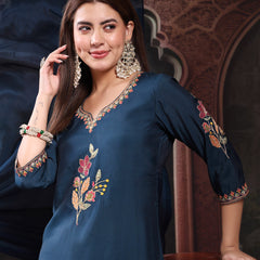 Women Teal Blue Color Embroidery Kurta With Palazzo & Dupatta Set