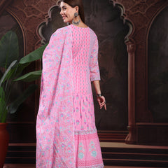 Women Pink Color Printed Embroidery Anarkali Kurta With Trouser & Dupatta Set