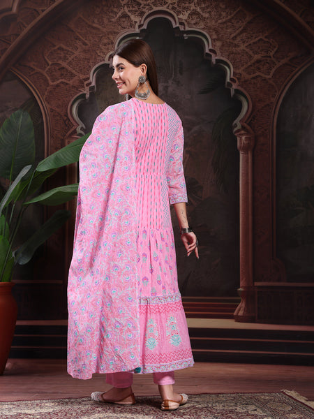 Women Pink Color Printed Embroidery Anarkali Kurta With Trouser & Dupatta Set