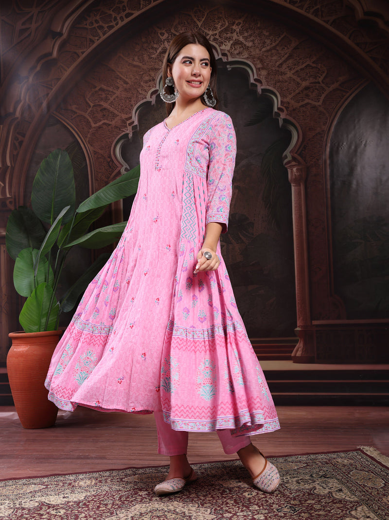 Women Pink Color Printed Embroidery Anarkali Kurta With Trouser & Dupatta Set