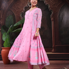 Women Pink Color Printed Embroidery Anarkali Kurta With Trouser & Dupatta Set