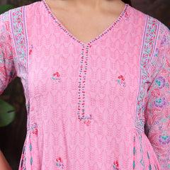 Women Pink Color Printed Embroidery Anarkali Kurta With Trouser & Dupatta Set