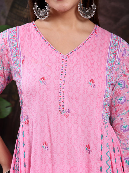 Women Pink Color Printed Embroidery Anarkali Kurta With Trouser & Dupatta Set