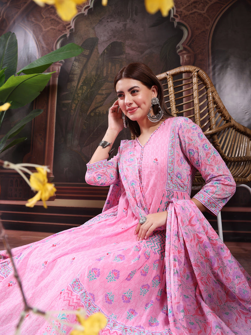 Women Pink Color Printed Embroidery Anarkali Kurta With Trouser & Dupatta Set