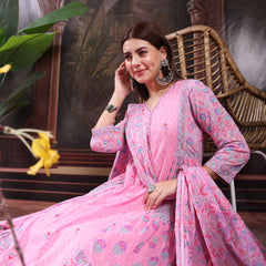 Women Pink Color Printed Embroidery Anarkali Kurta With Trouser & Dupatta Set