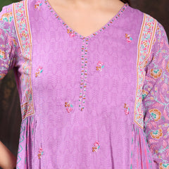 Women Lavender Color Printed Embroidery Anarkali Kurta With Trouser & Dupatta Set