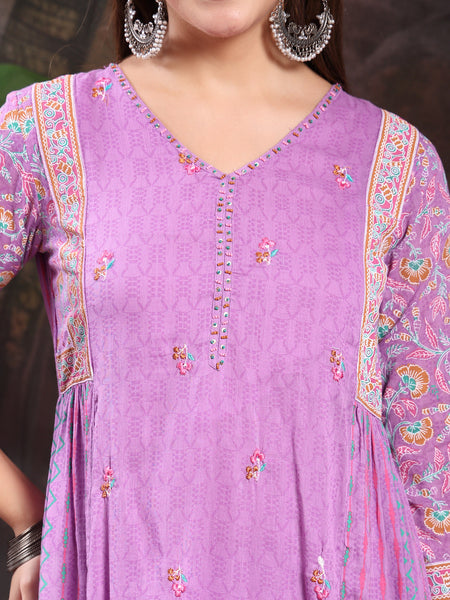 Women Lavender Color Printed Embroidery Anarkali Kurta With Trouser & Dupatta Set