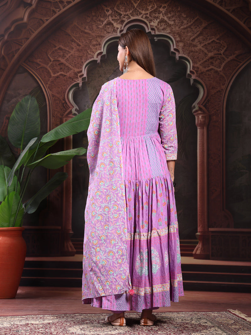 Women Lavender Color Printed Embroidery Anarkali Kurta With Trouser & Dupatta Set