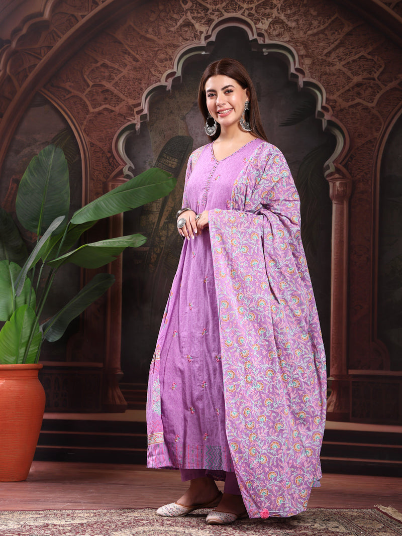 Women Lavender Color Printed Embroidery Anarkali Kurta With Trouser & Dupatta Set