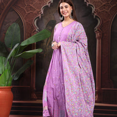 Women Lavender Color Printed Embroidery Anarkali Kurta With Trouser & Dupatta Set