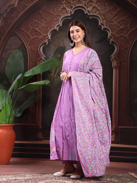 Women Lavender Color Printed Embroidery Anarkali Kurta With Trouser & Dupatta Set