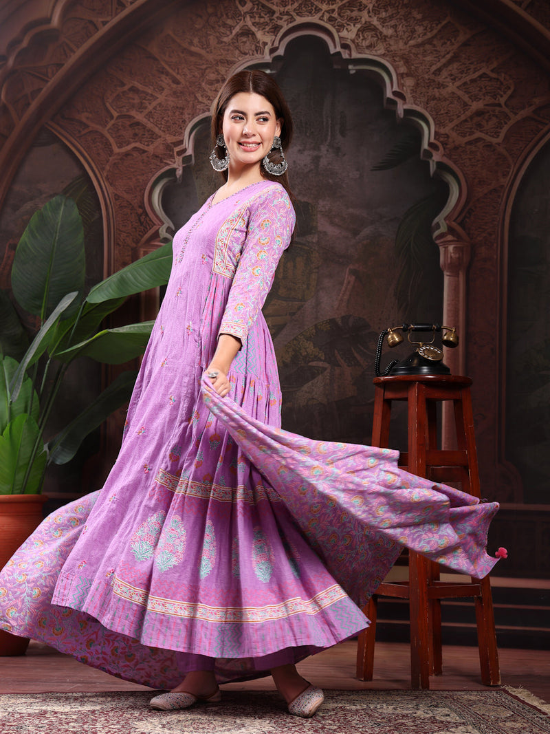Women Lavender Color Printed Embroidery Anarkali Kurta With Trouser & Dupatta Set