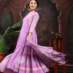 Women Lavender Color Printed Embroidery Anarkali Kurta With Trouser & Dupatta Set