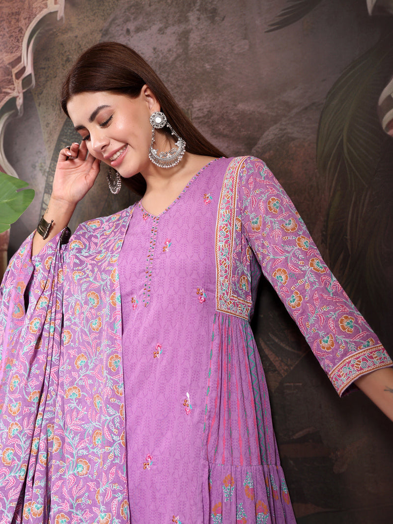Women Lavender Color Printed Embroidery Anarkali Kurta With Trouser & Dupatta Set