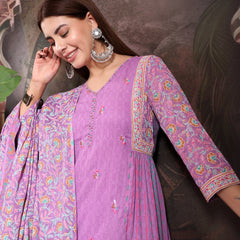 Women Lavender Color Printed Embroidery Anarkali Kurta With Trouser & Dupatta Set
