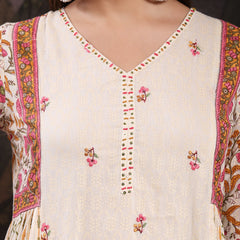 Women Cream Color Printed Embroidery Anarkali Kurta With Trouser & Dupatta Set