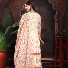 Women Cream Color Printed Embroidery Anarkali Kurta With Trouser & Dupatta Set