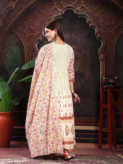 Women Cream Color Printed Embroidery Anarkali Kurta With Trouser & Dupatta Set