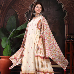 Women Cream Color Printed Embroidery Anarkali Kurta With Trouser & Dupatta Set