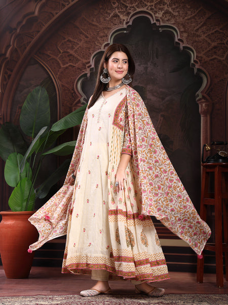 Women Cream Color Printed Embroidery Anarkali Kurta With Trouser & Dupatta Set